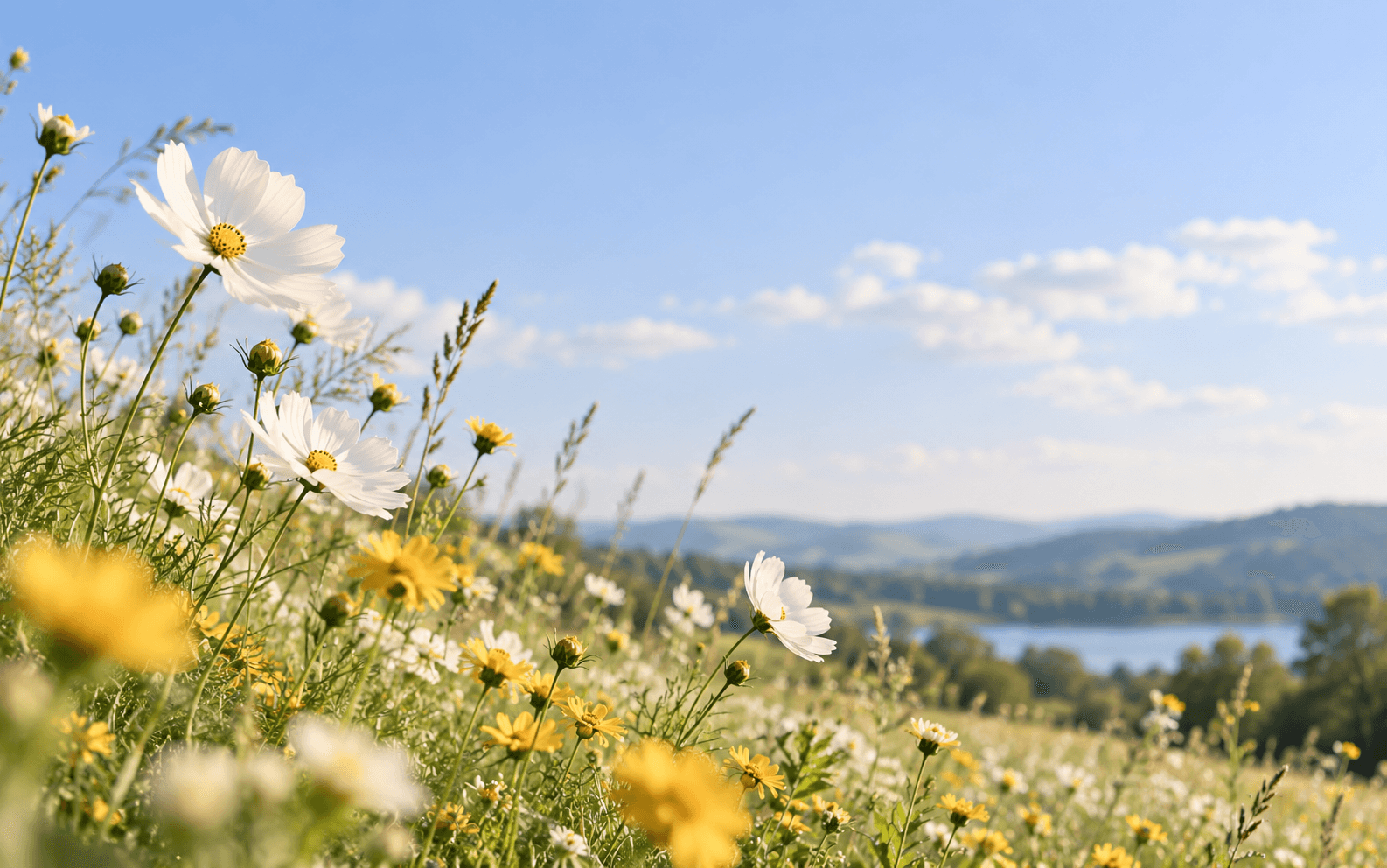 White and yellow flowers beneath a clear blue sky